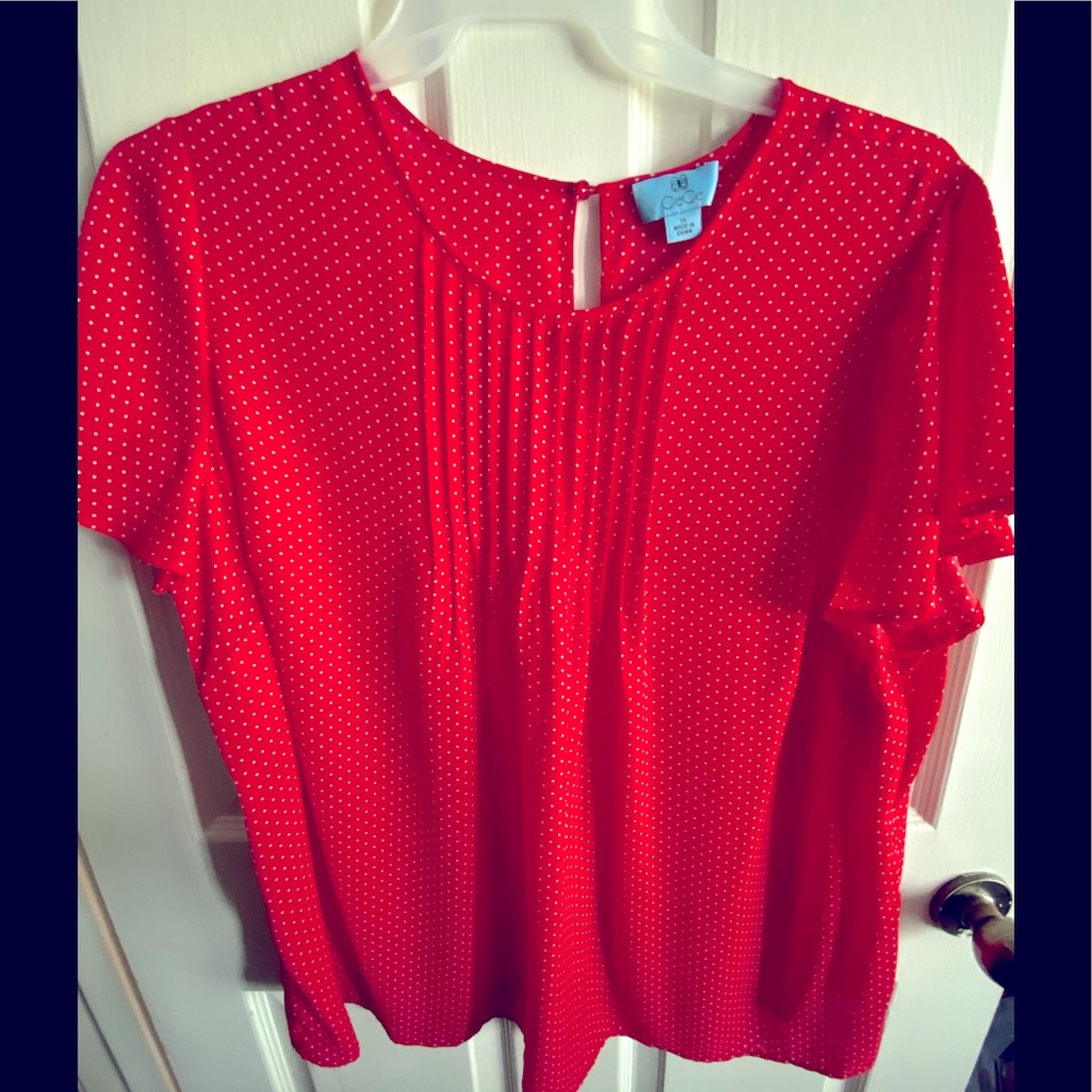Red round neck blouse w/ white polka dots